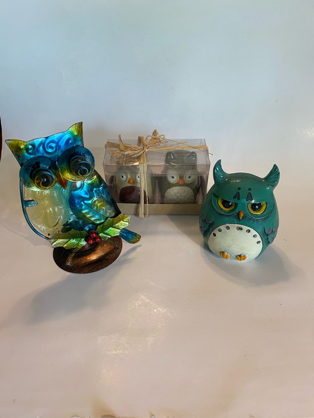 Owl Decor Bundle tag Ceramic Salt Pepper Set Coin Bank Stained Glass Tealight